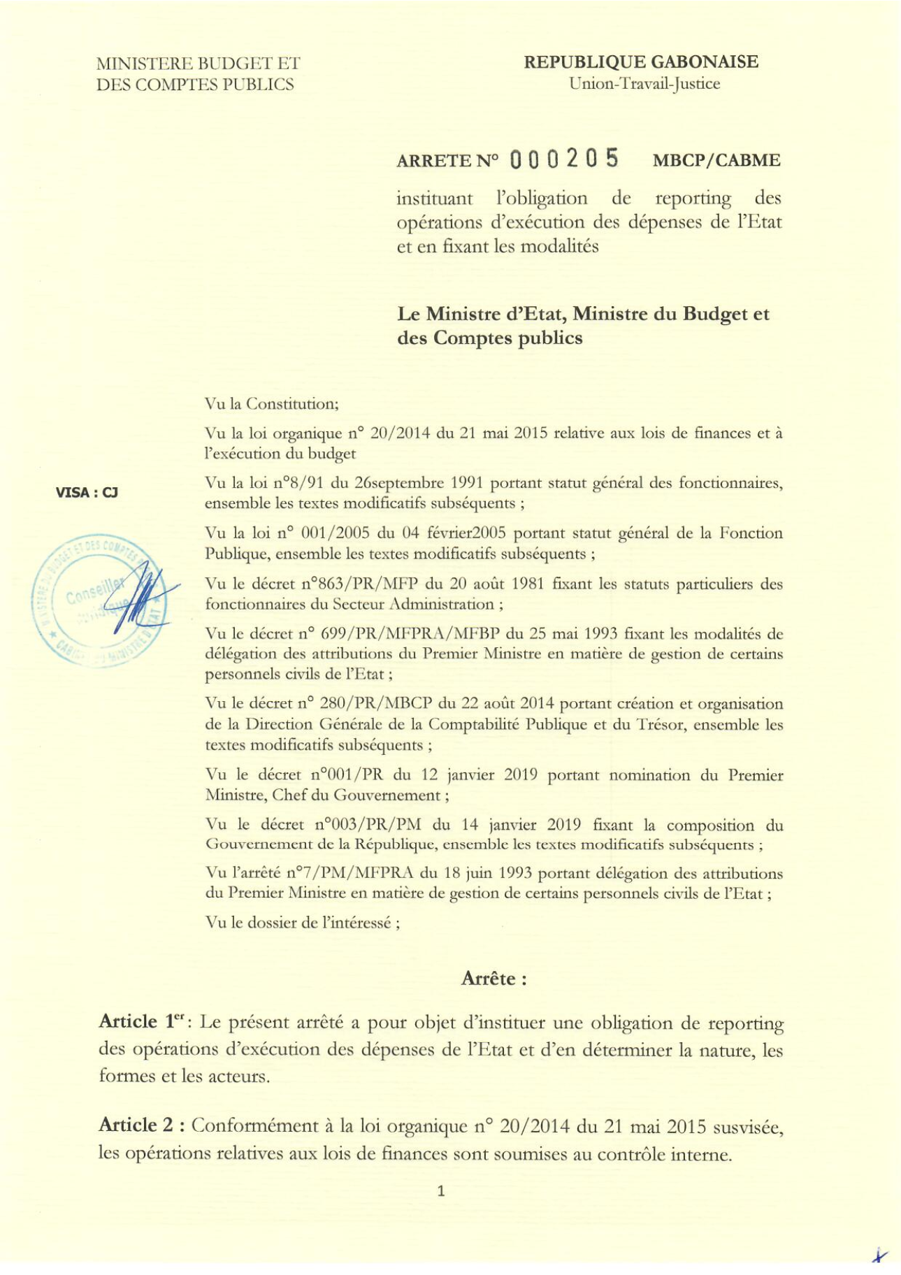 Arrêté n° 000205 MBCP/CABME