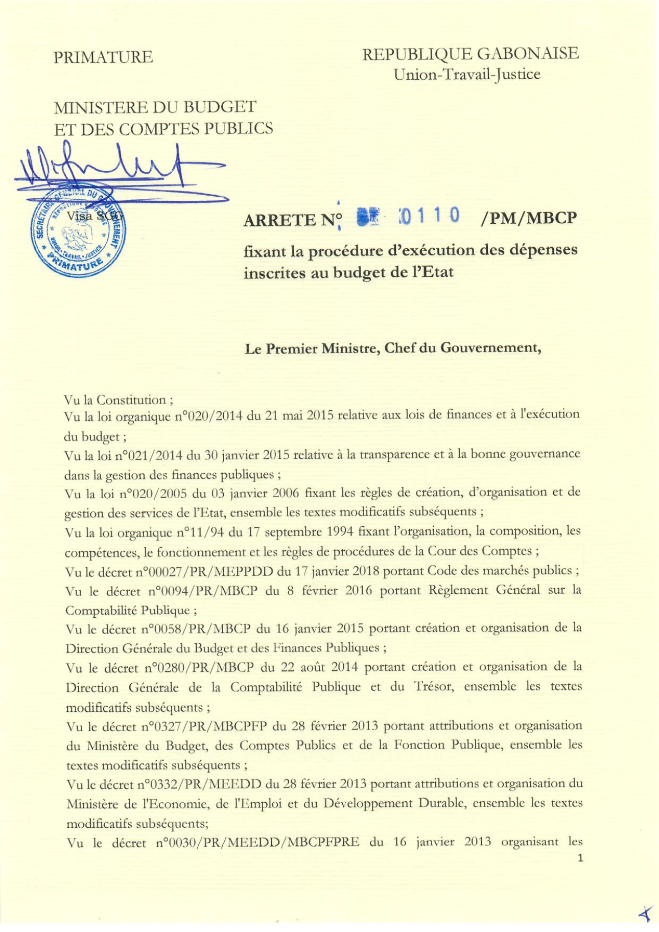 Arrêté fixant procédure d'exécution des dépenses (1)