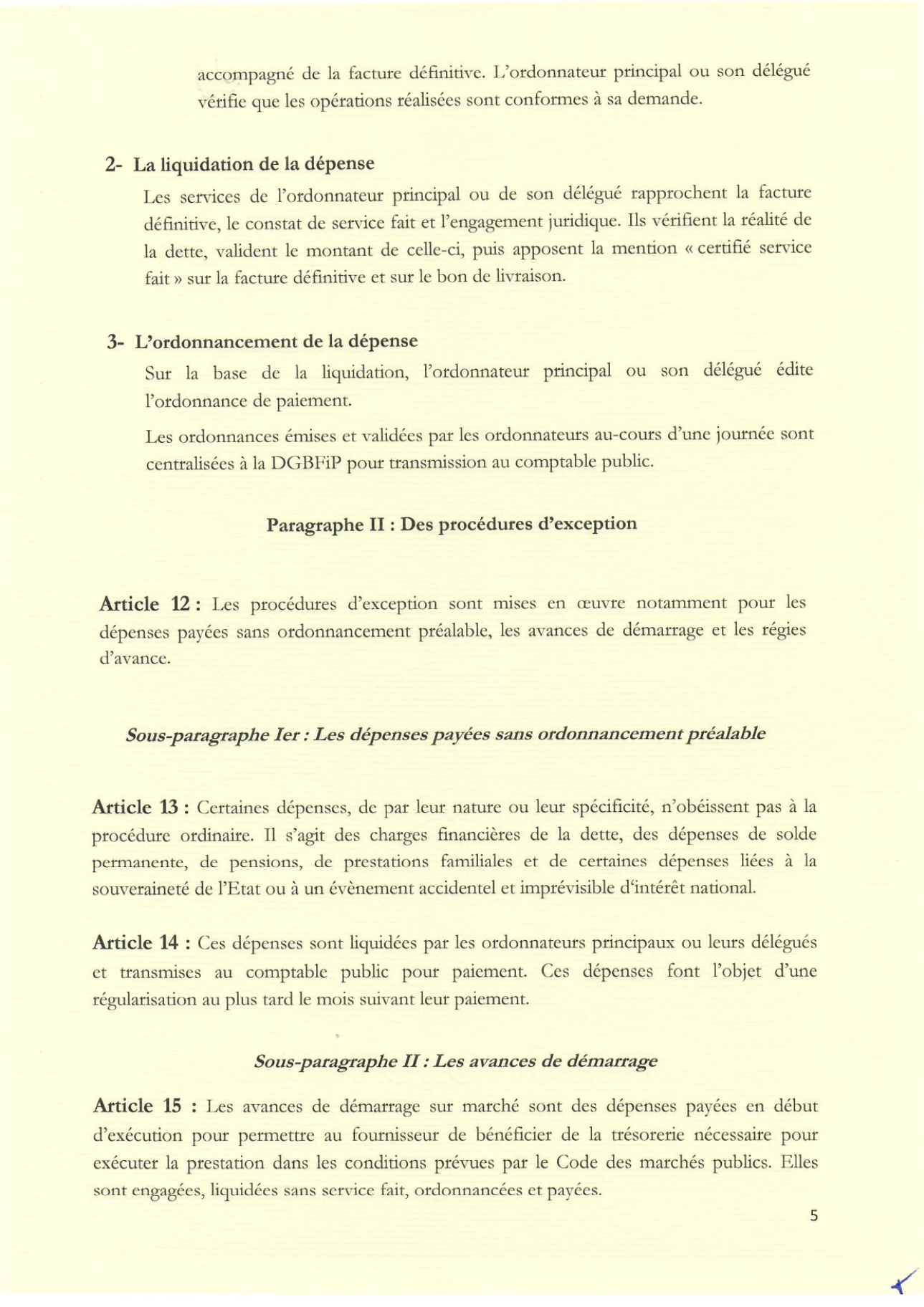 Arrêté fixant procédure d'exécution des dépenses (5)