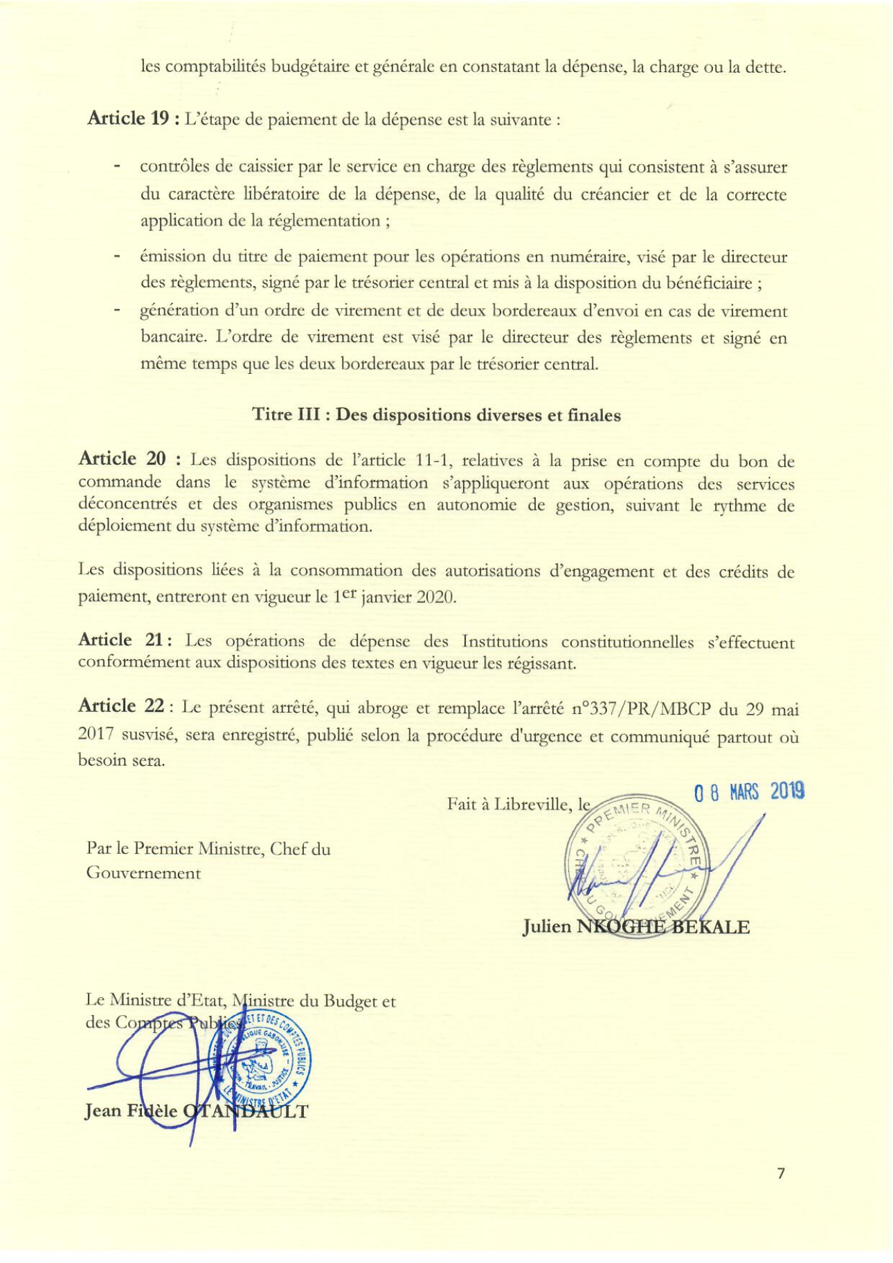 Arrêté fixant procédure d'exécution des dépenses (7)